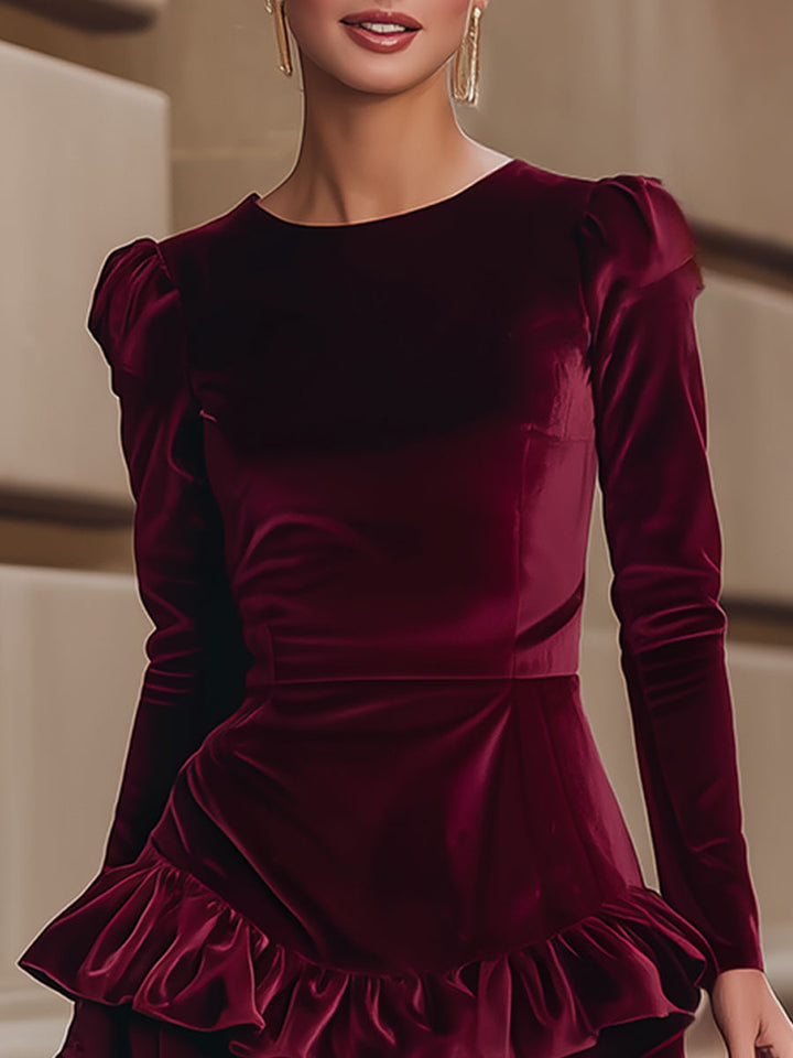 AURELIA | BURGUNDY VELVET RUFFLE DRESS