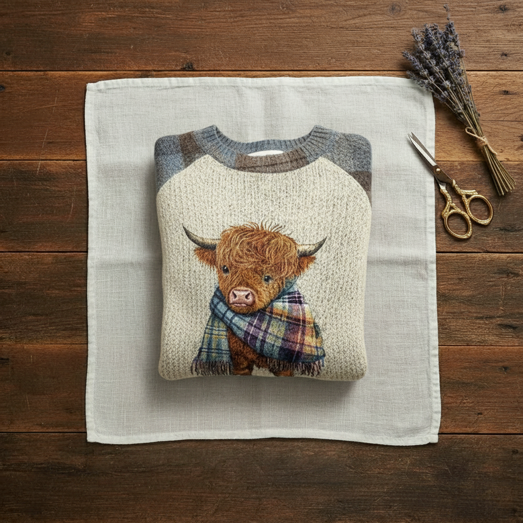 Deborah – Light Blue & Cream Jumper with Highland Cow Pattern
