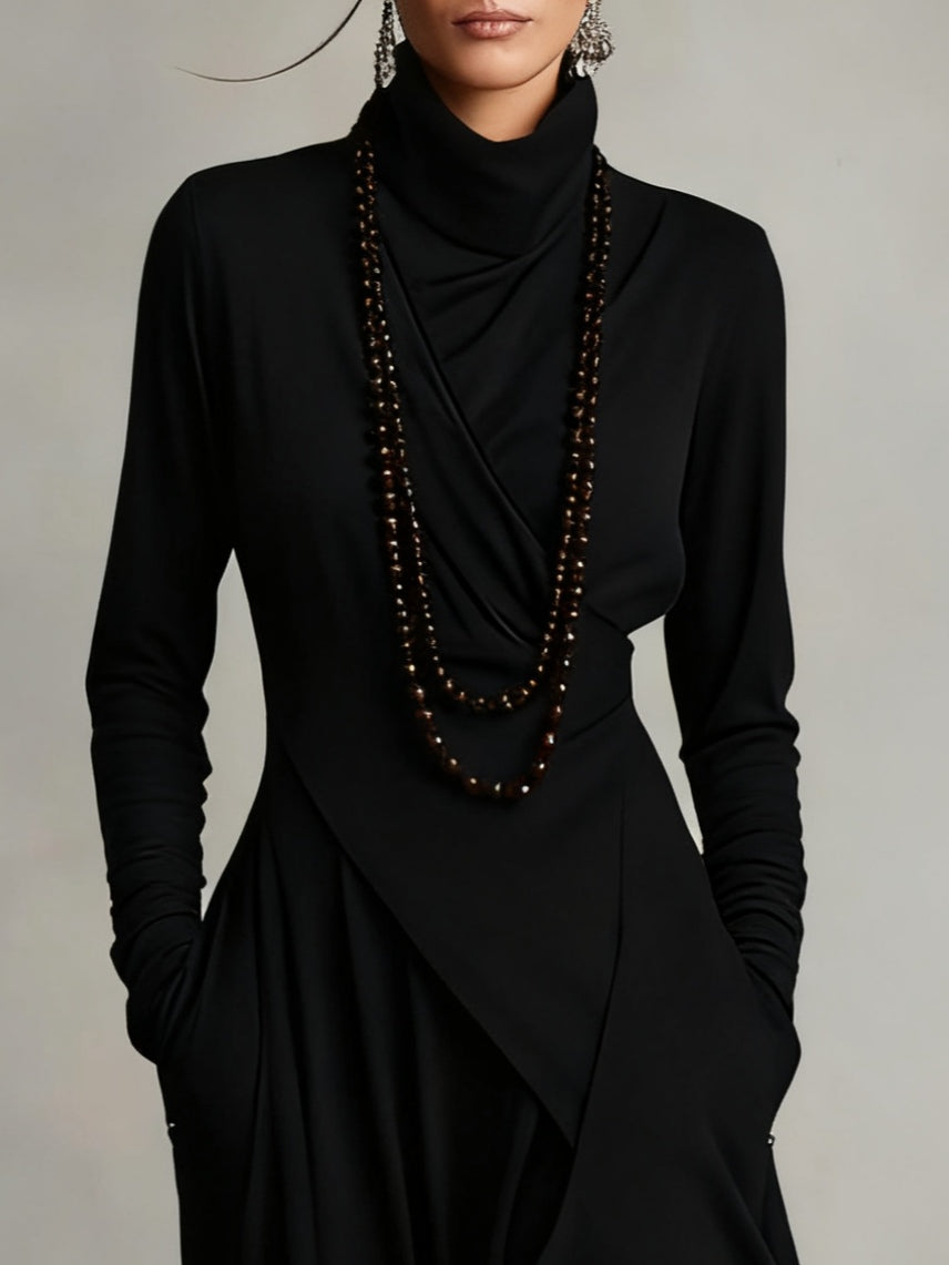 Purple High-neck Asymmetrical Pleated Maxi Dress（Necklace not included）