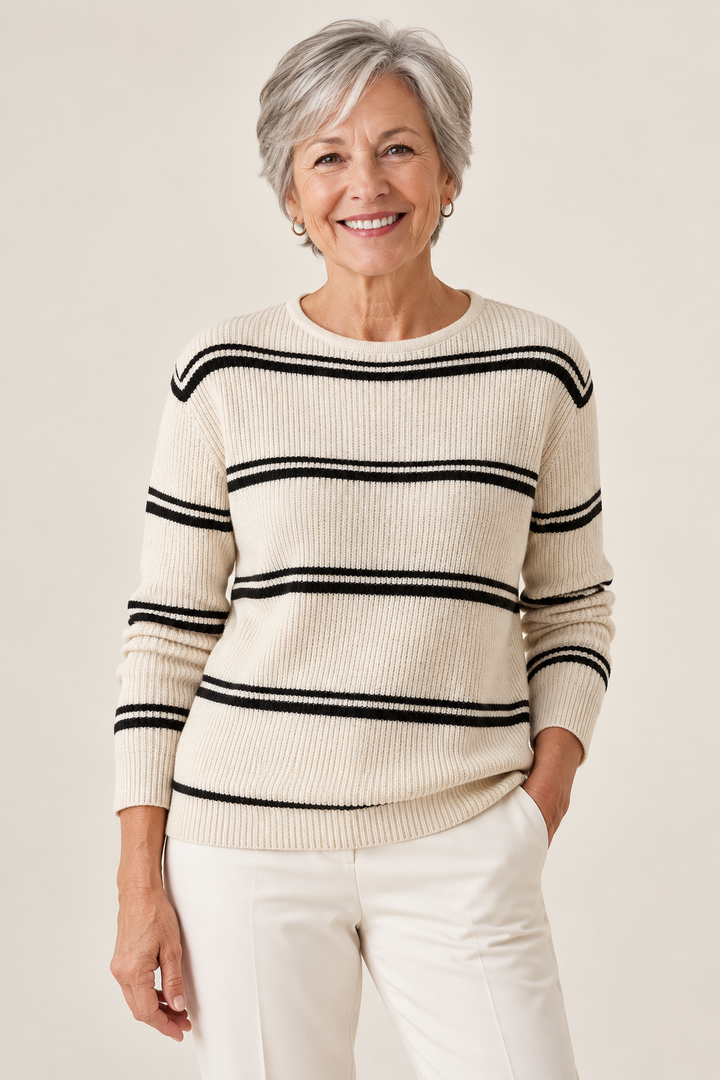 Lorraine – Striped Crewneck Jumper on a mature model
