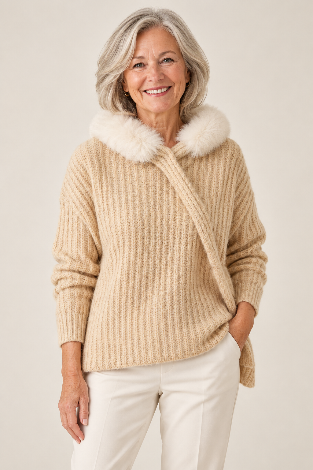 Adele – Women's Faux Fur Collar Knit Jumper on a mature model