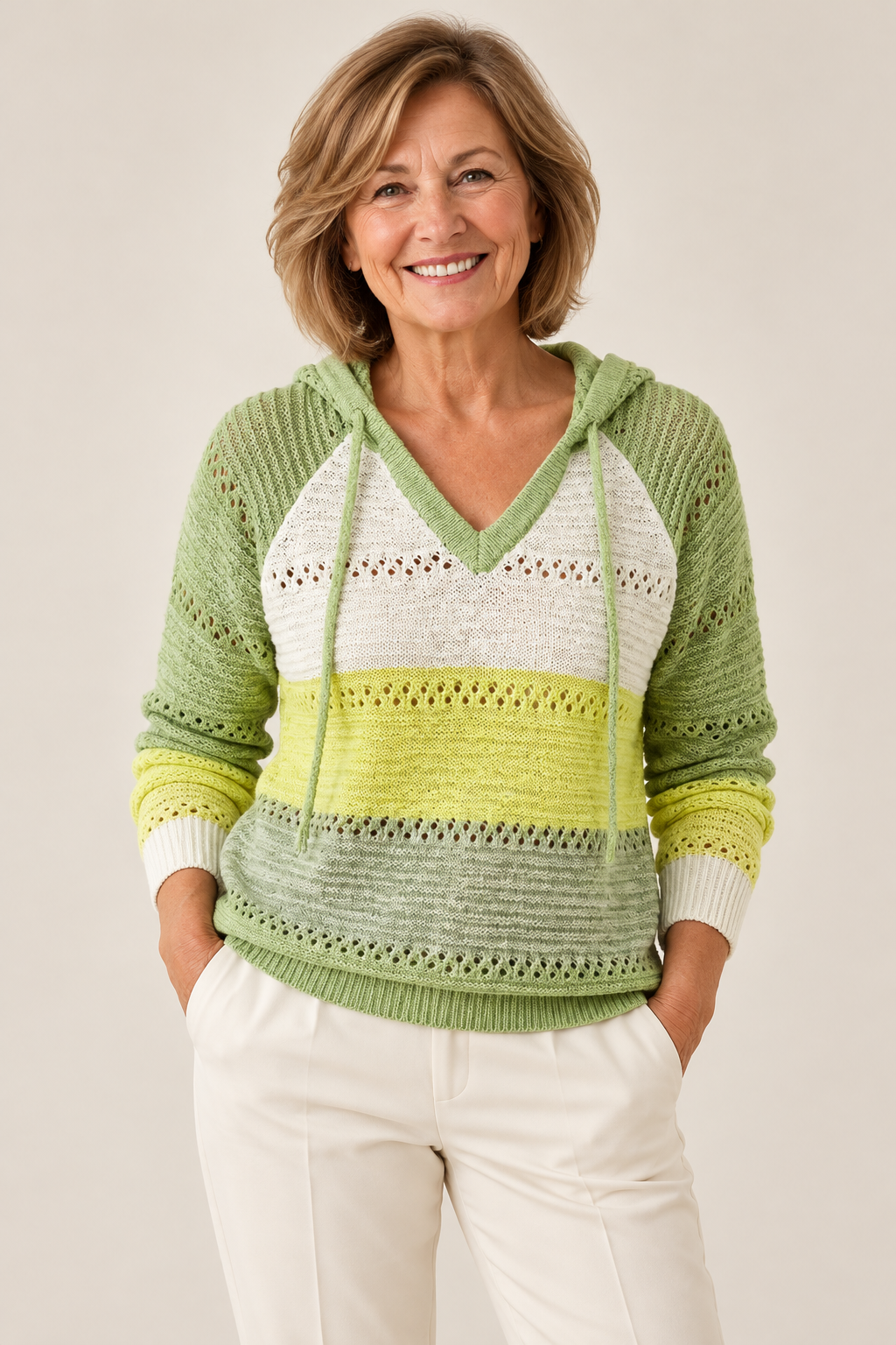 Loretta – Striped Crochet Hooded Pullover Jumper on a mature model
