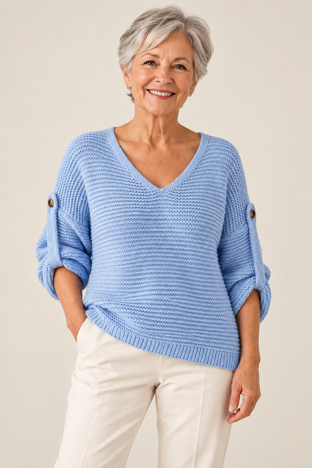 Marjorie – V-Neck Knit Jumper on a mature model