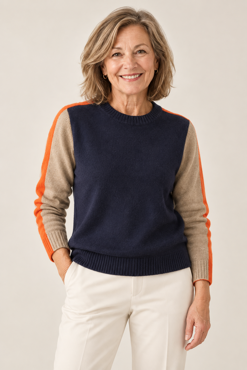 Scarlett – Dark Blue-Orange-Taupe Jumper on a mature model