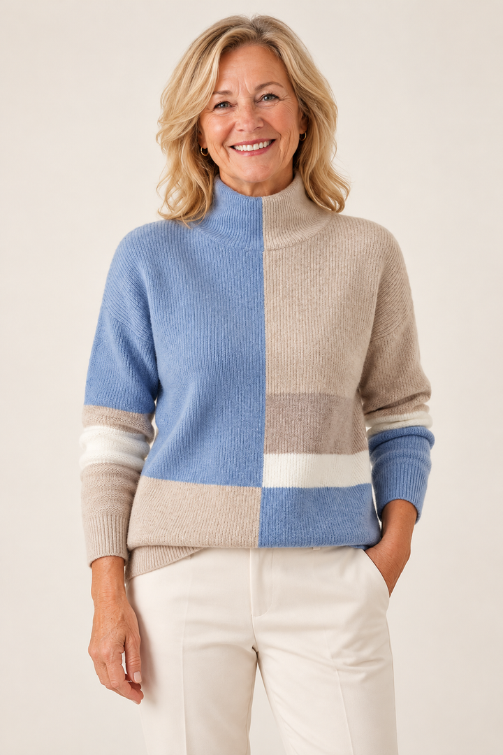 Sophie – Block Pattern Jumper in Blue-Beige on a mature model