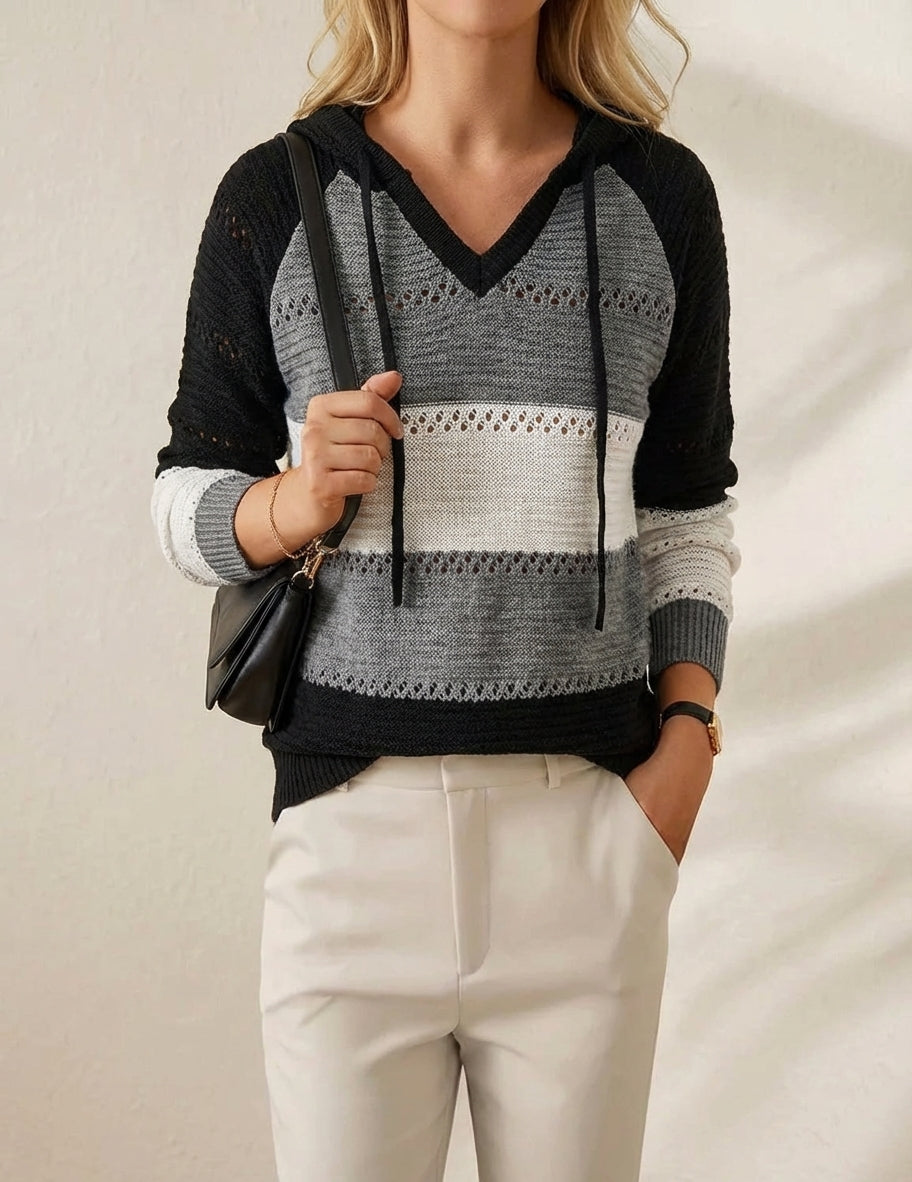 Loretta – Striped Crochet Hooded Pullover Jumper