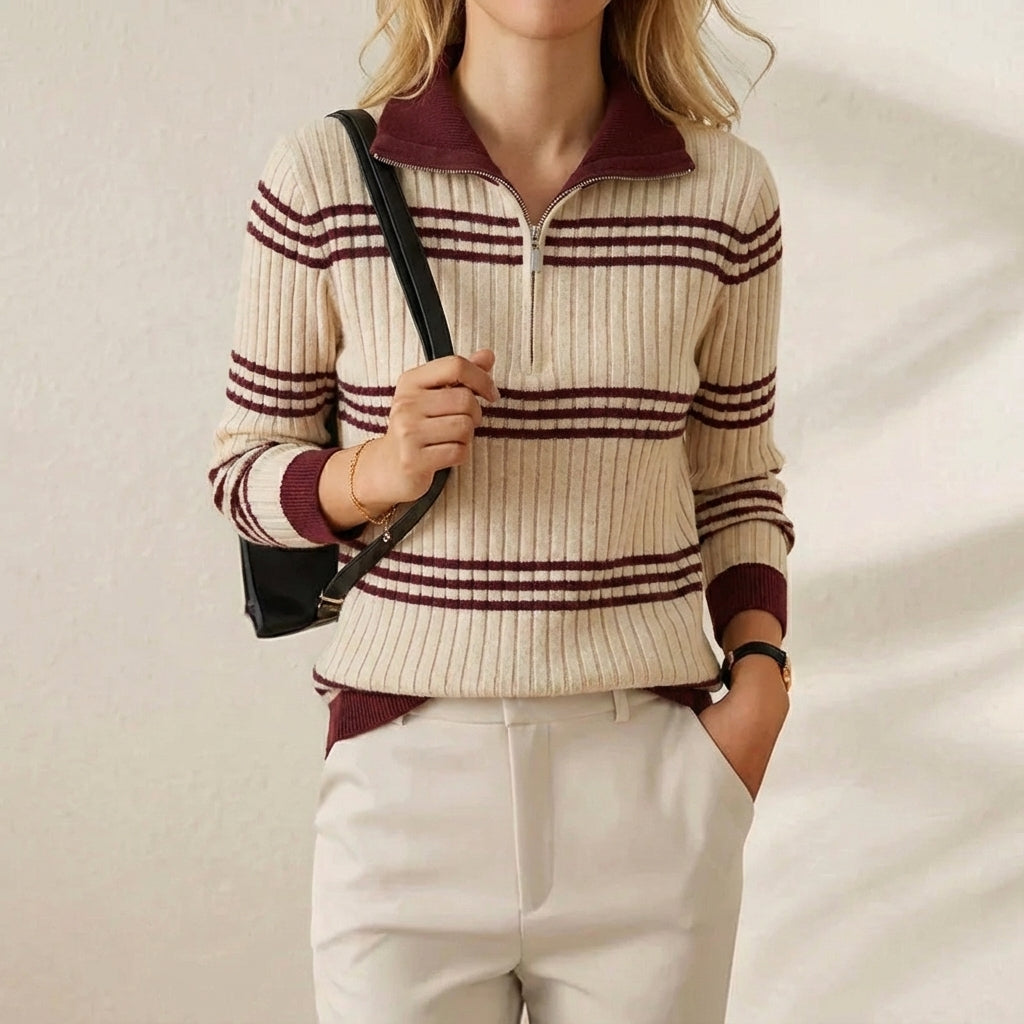 Anita – Striped Half-Zip Ribbed Knit Jumper