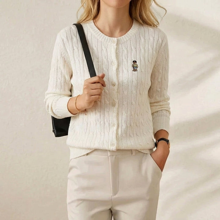 Cheryl – Cable Knit Bear Embroidered Button Cardigan