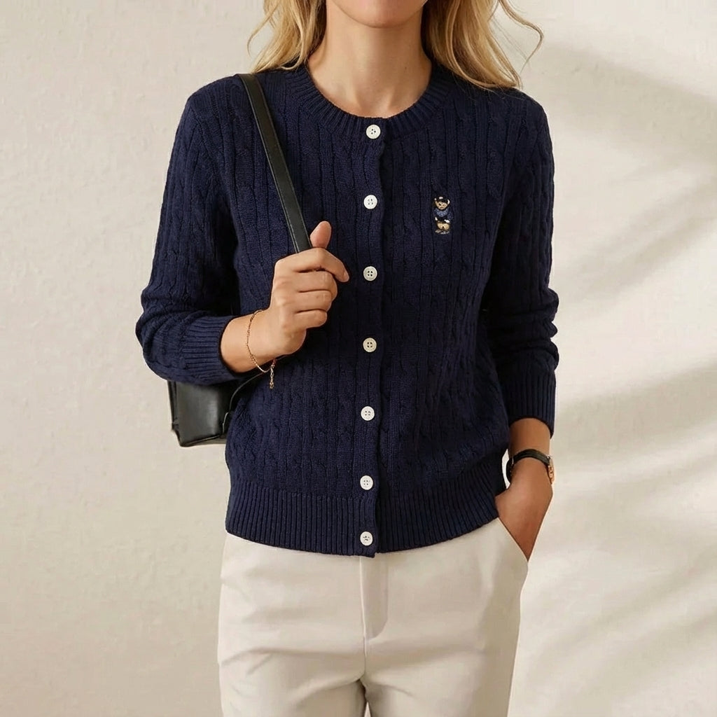 Cheryl – Cable Knit Bear Embroidered Button Cardigan