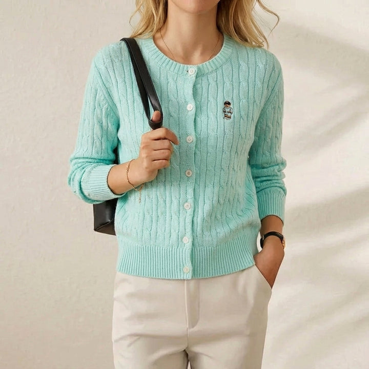 Cheryl – Cable Knit Bear Embroidered Button Cardigan