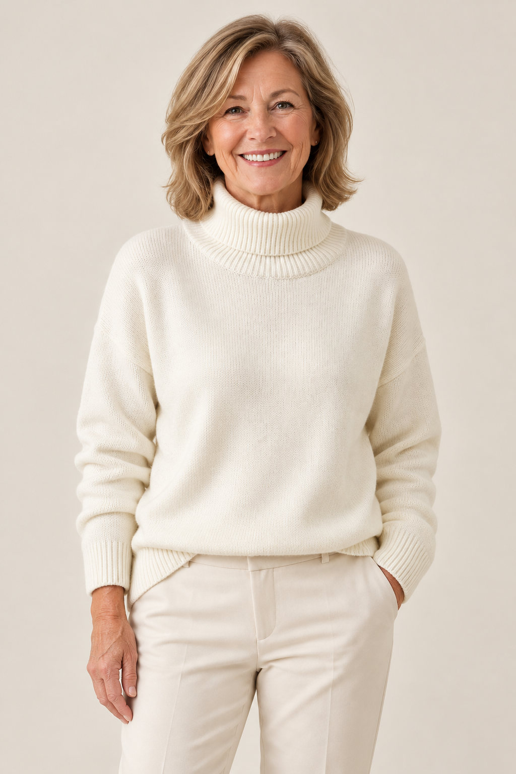 Martha – Oversized Turtleneck Jumper on a mature model