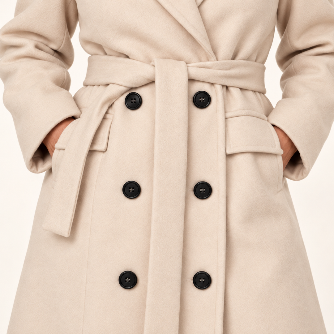 Beige coat - close view of belt, buttons and pockets