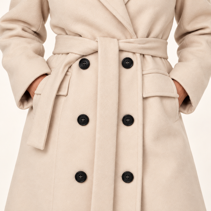 Beige coat - close view of belt, buttons and pockets