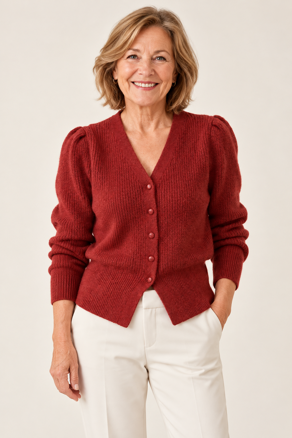 Niamh – Ribbed Puff Sleeve V-Neck Cardigan on a mature model