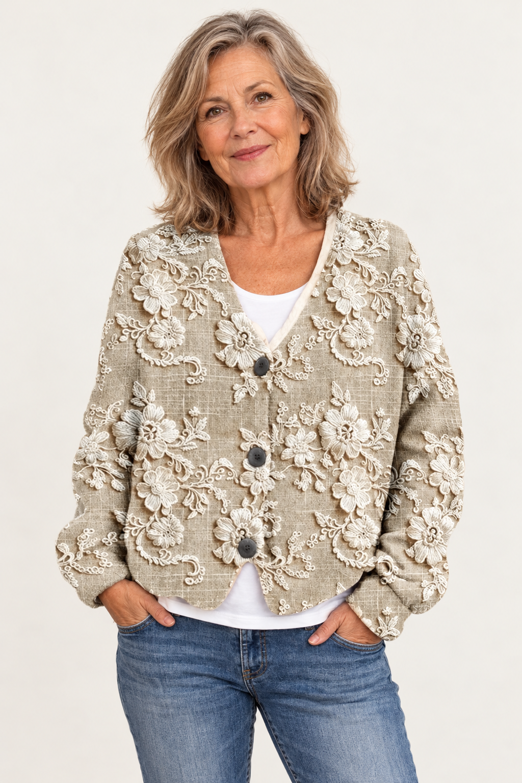 Women's Floral Button Jacket – Relaxed Fit — front on model